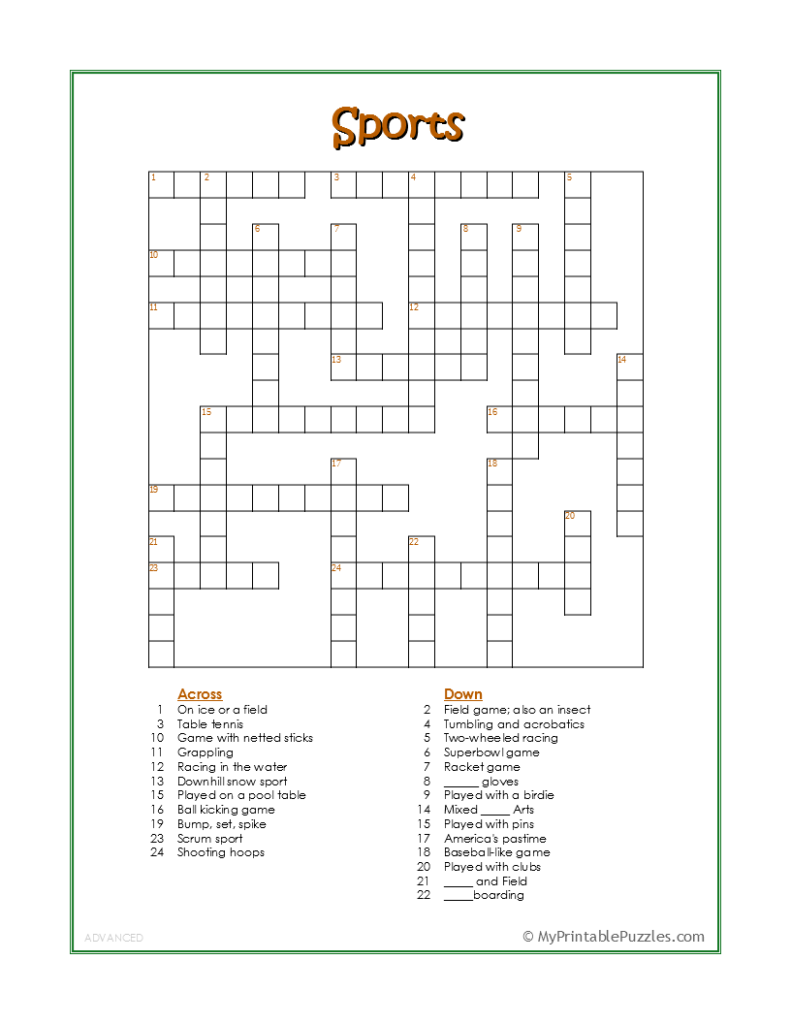 Sports Crossword Puzzle Advanced My Printable Puzzles