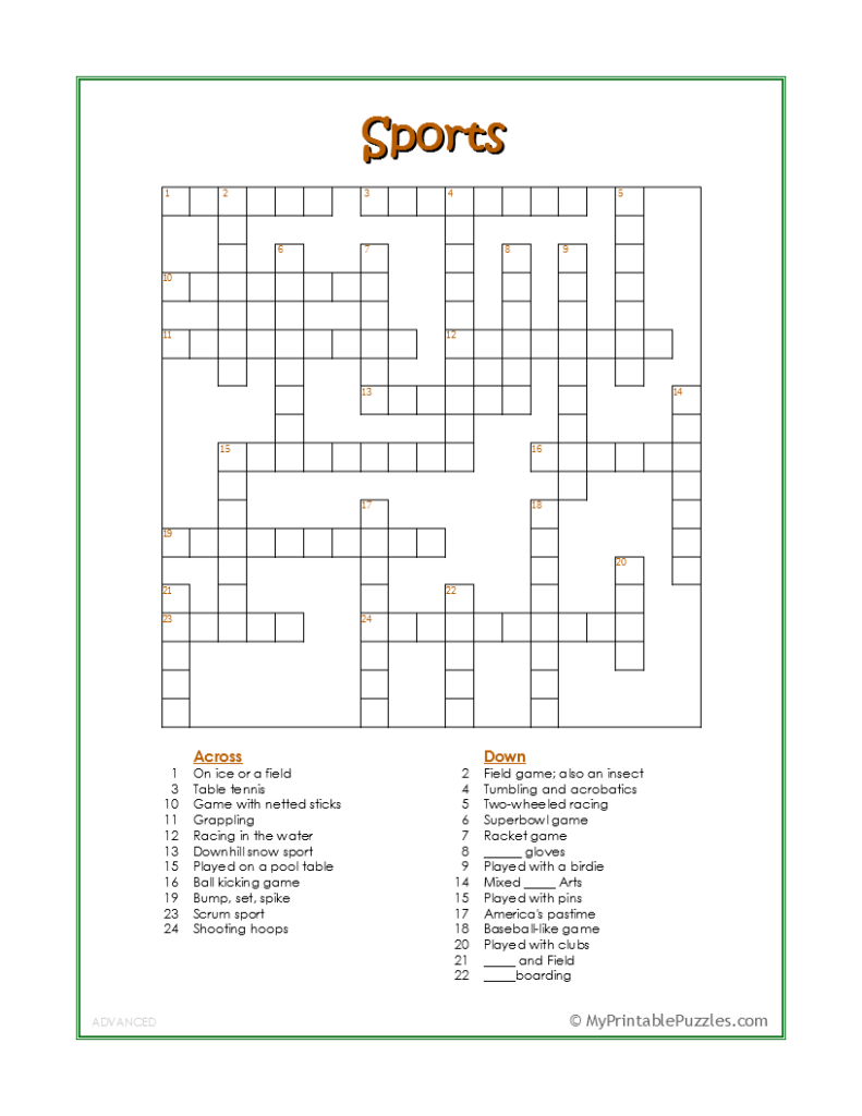 sports crossword puzzle advanced my printable puzzles