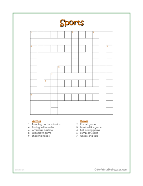 Sports Crossword Puzzle – Beginner