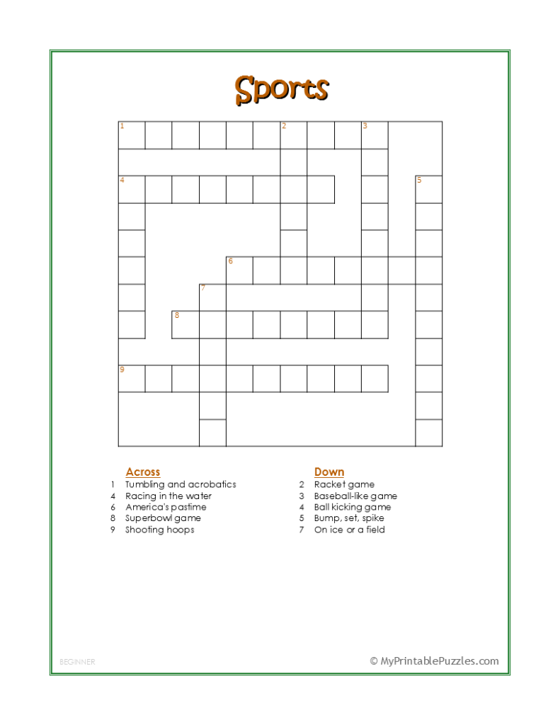 Sports Crossword Puzzle - Beginner