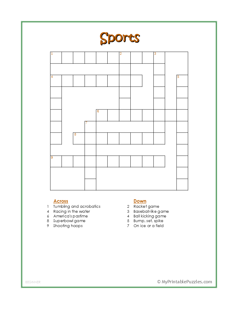 Sports Crossword Puzzle Beginner My Printable Puzzles