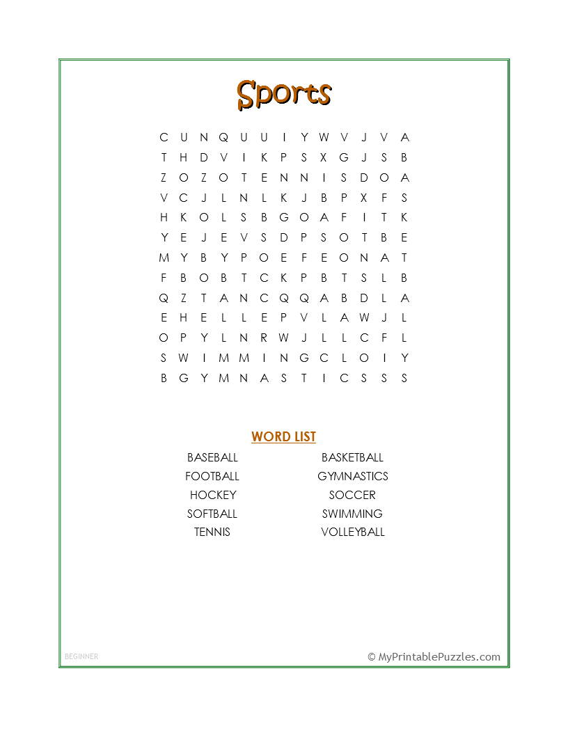 sports word search beginner my printable puzzles