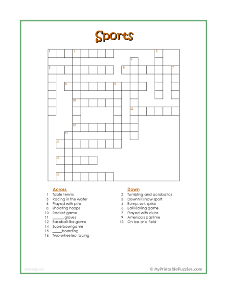 Sports Crossword Puzzle – Intermediate