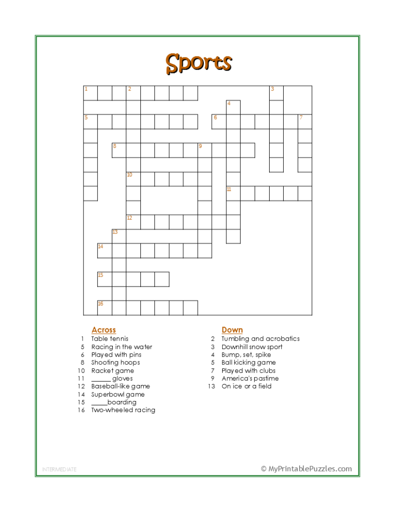 Sports Crossword Puzzle - Intermediate