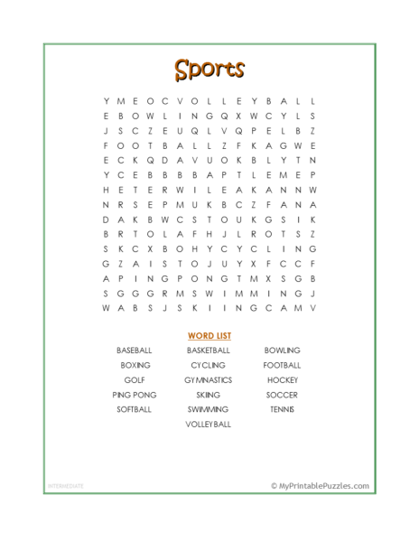 Sports Word Search – Intermediate