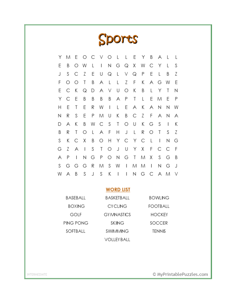 Sports Word Search - Intermediate