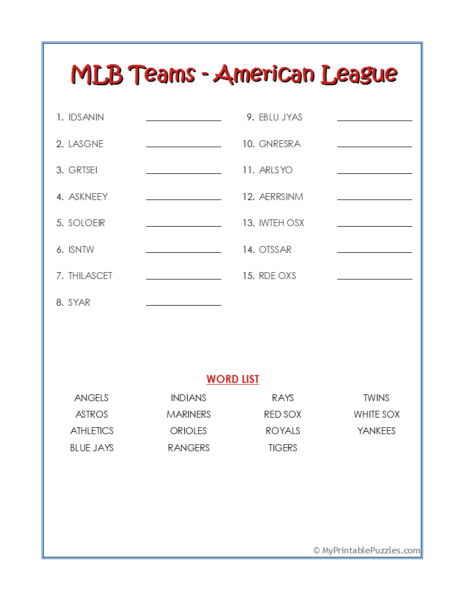 MLB Teams-American League Word Scramble