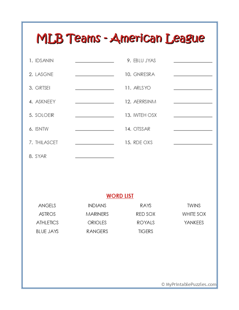 MLB Teams AL-Word Scramble