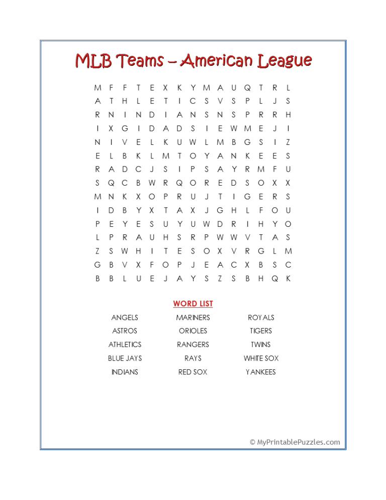 MLB Teams Crossword Puzzle My Printable Puzzles