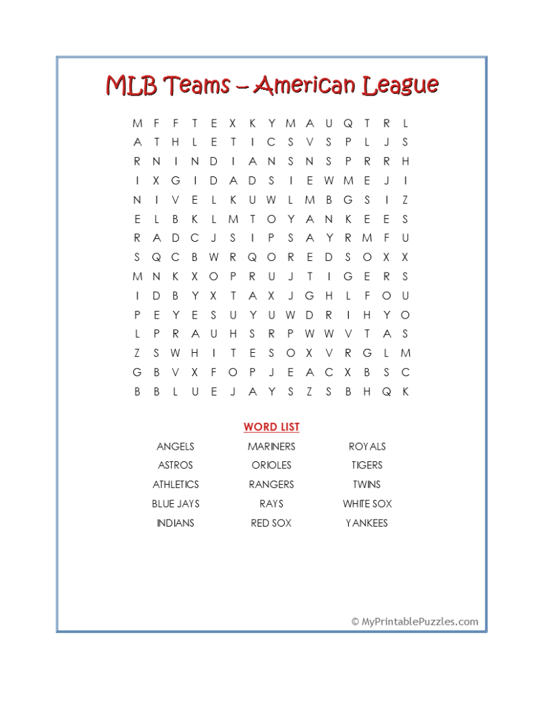 MLB Teams AL-Word Search