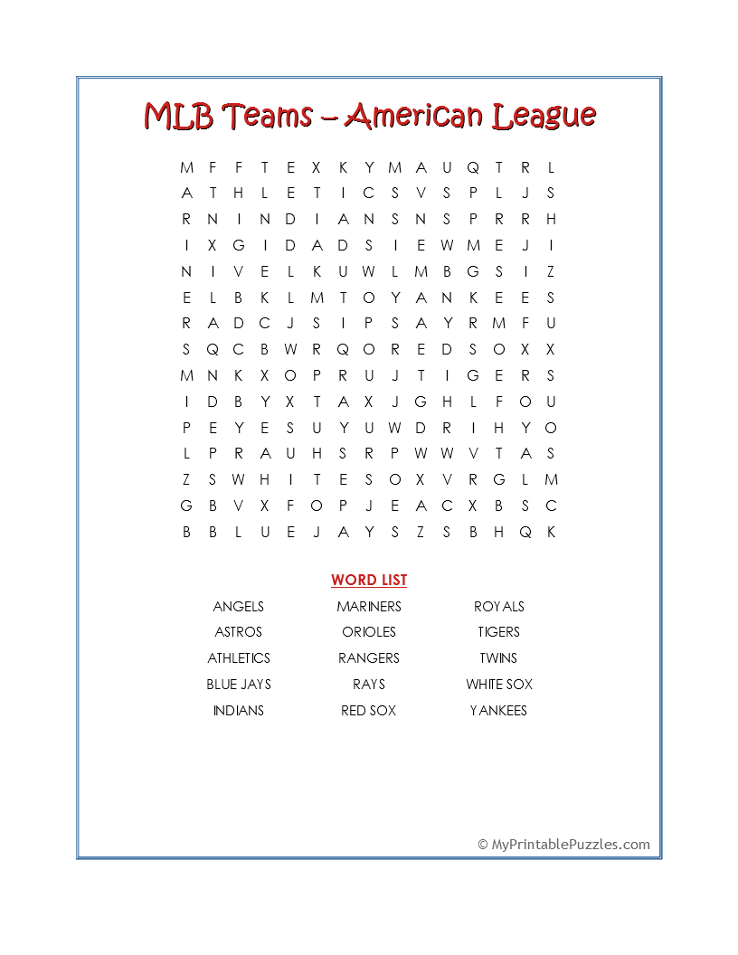 mlb teams american league word search my printable puzzles