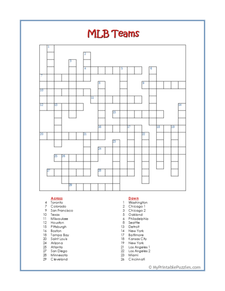 MLB Teams Crossword Puzzle
