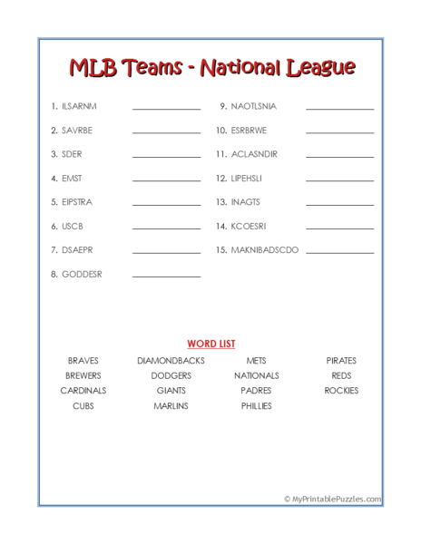 MLB Teams-National League Word Scramble