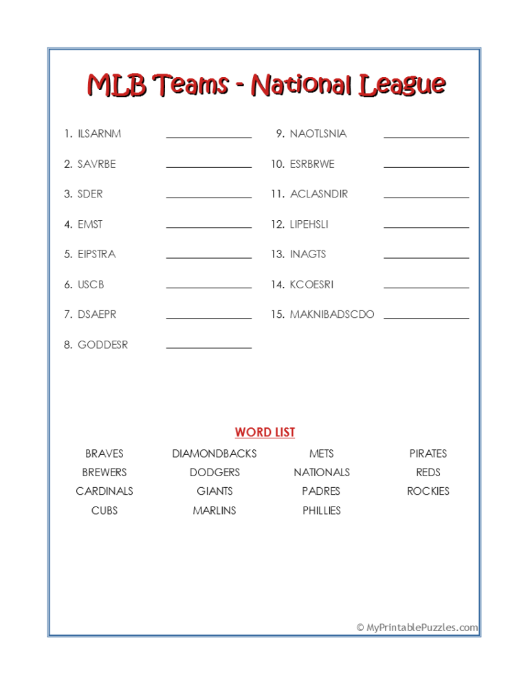 MLB Teams Crossword Puzzle My Printable Puzzles MLB Teams Crossword Puzzle My Printable Puzzles