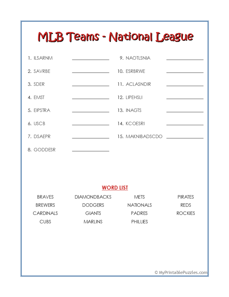 MLB Teams NL-Word Scramble