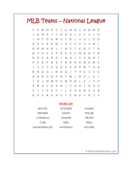 MLB Teams-National League Word Search