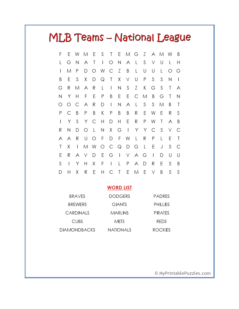 MLB TeamsNational League Word Search My Printable Puzzles